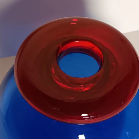 Art Glass Cobalt Blue With Red Open Top Bottle 5"H - Picture 12 of 13